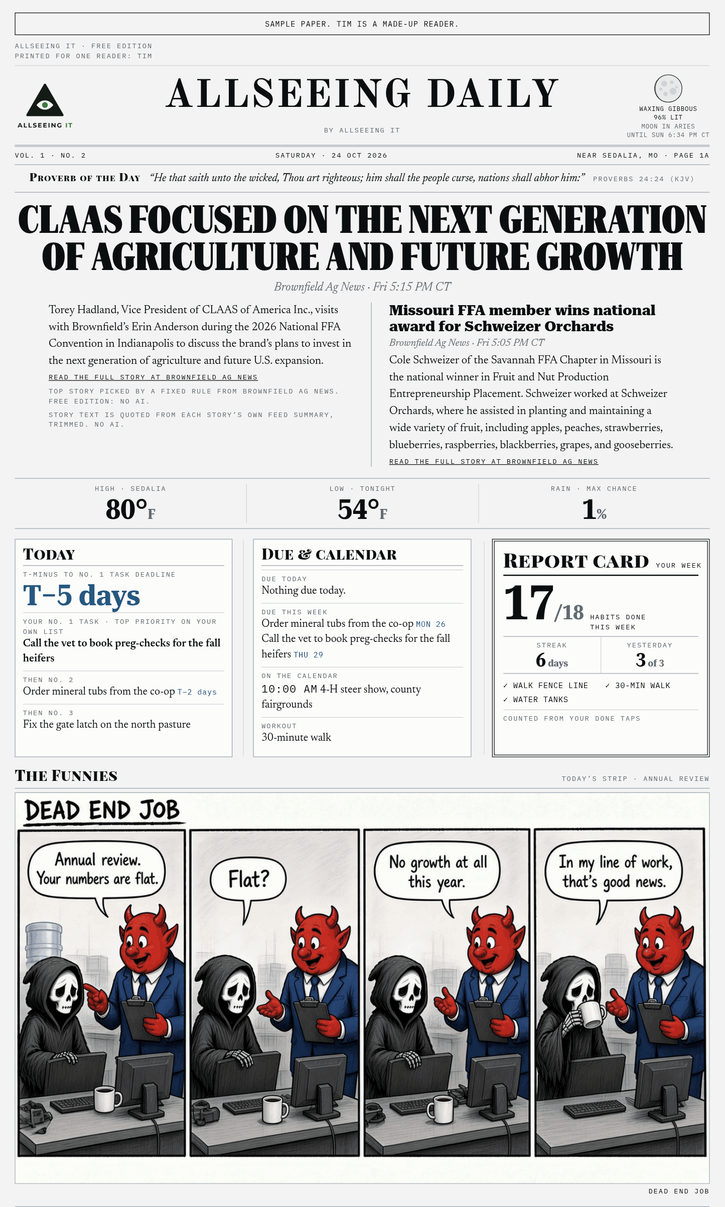 Sample light paper for Tim, a made-up reader: two farm news stories, his weather, his No. 1 task, what's due and his report card
