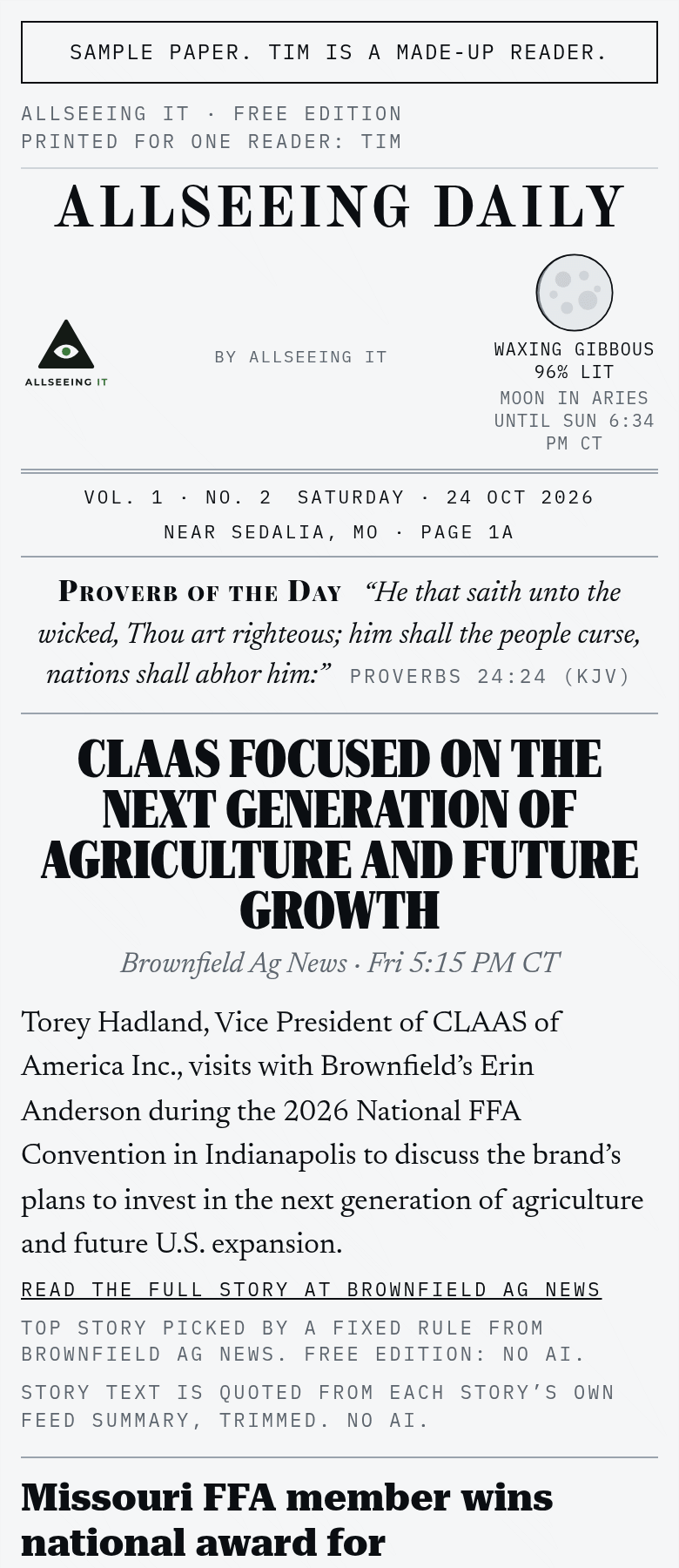 Sample light paper for Tim, a made-up reader: two farm news stories, his weather, his No. 1 task, what's due and his report card